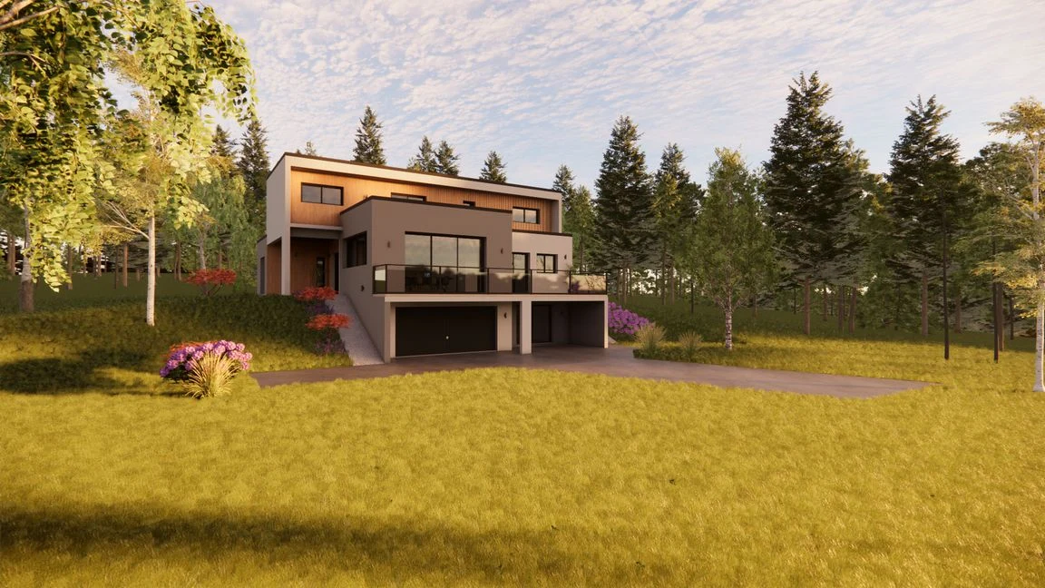 Maison à plusieurs niveaux avec balcon, garage et jardin arboré