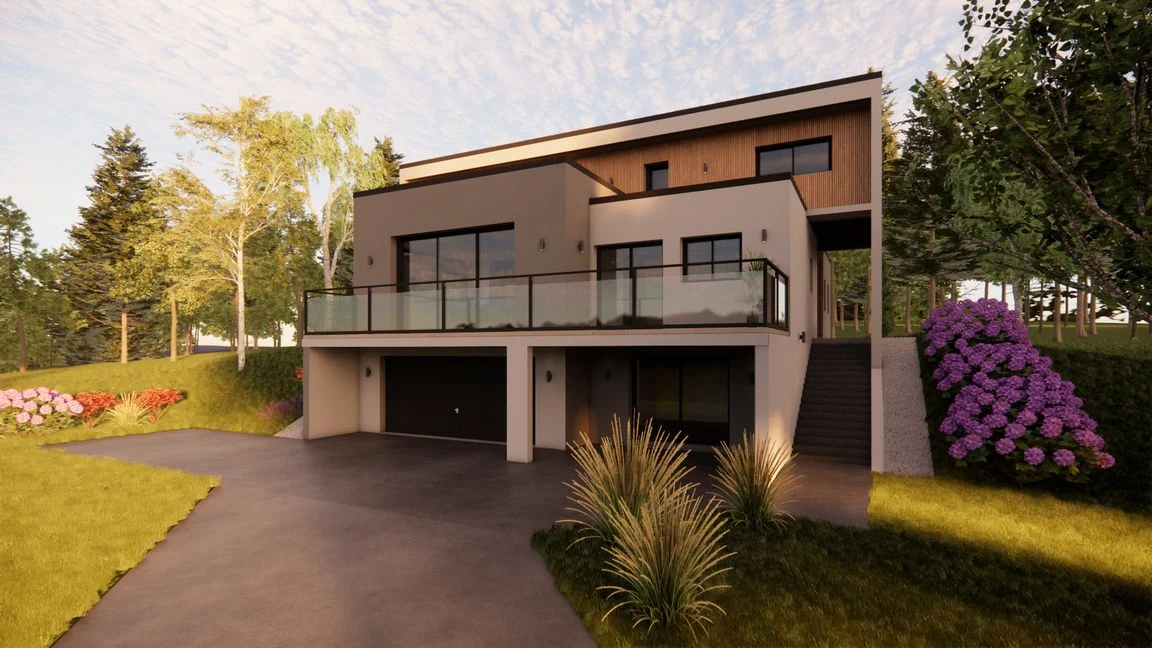 Maison à plusieurs niveaux avec balcon, garage et jardin arboré