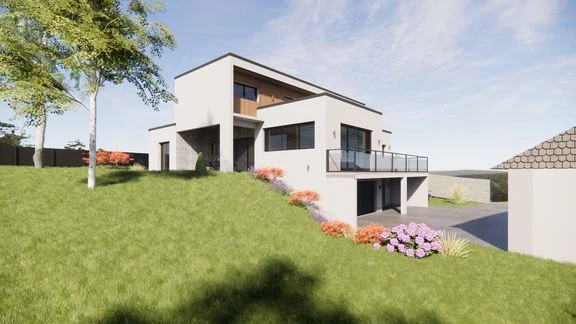Vue extérieure d’une maison aux façades claires et sombres, avec jardin et terrasses