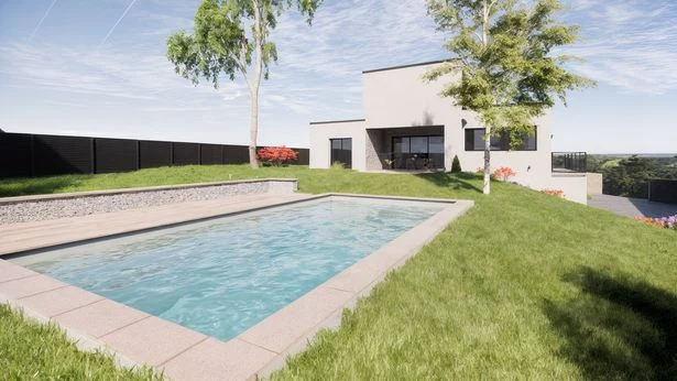 Vue extérieure d’une maison aux façades claires et sombres, avec jardin et terrasses