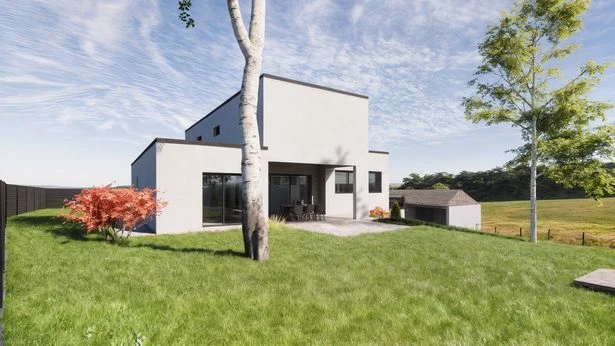 Vue extérieure d’une maison aux façades claires et sombres, avec jardin et terrasses