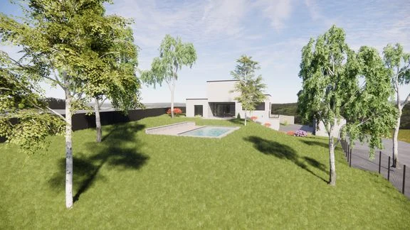 Vue extérieure d’une maison aux façades claires et sombres, avec jardin et terrasses