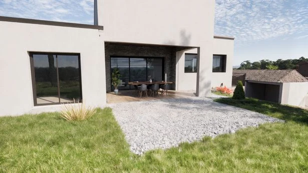 Vue extérieure d’une maison aux façades claires et sombres, avec jardin et terrasses