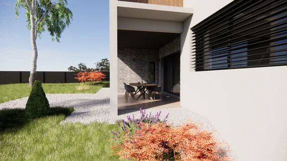 Vue extérieure d’une maison aux façades claires et sombres, avec jardin et terrasses