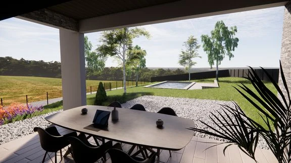 Vue extérieure d’une maison aux façades claires et sombres, avec jardin et terrasses