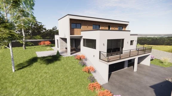 Vue extérieure d’une maison aux façades claires et sombres, avec jardin et terrasses