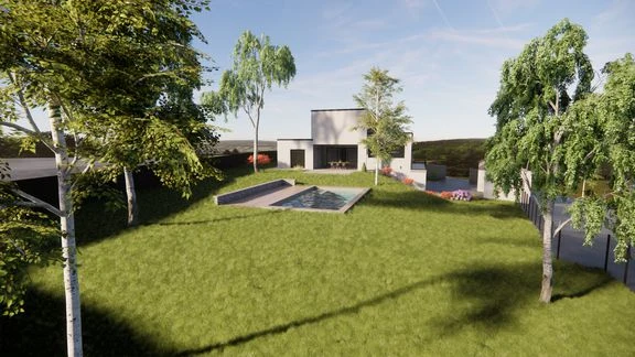 Vue extérieure d’une maison aux façades claires et sombres, avec jardin et terrasses
