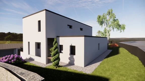 Vue extérieure d’une maison aux façades claires et sombres, avec jardin et terrasses