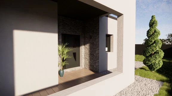 Vue extérieure d’une maison aux façades claires et sombres, avec jardin et terrasses