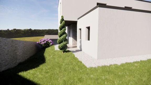 Vue extérieure d’une maison aux façades claires et sombres, avec jardin et terrasses