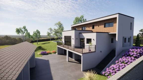 Vue extérieure d’une maison aux façades claires et sombres, avec jardin et terrasses