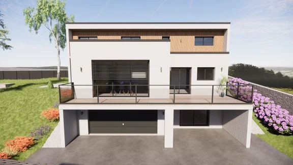 Vue extérieure d’une maison aux façades claires et sombres, avec jardin et terrasses