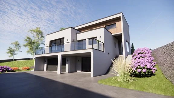 Façade et balcon d’une maison contemporaine éclairée de nuit