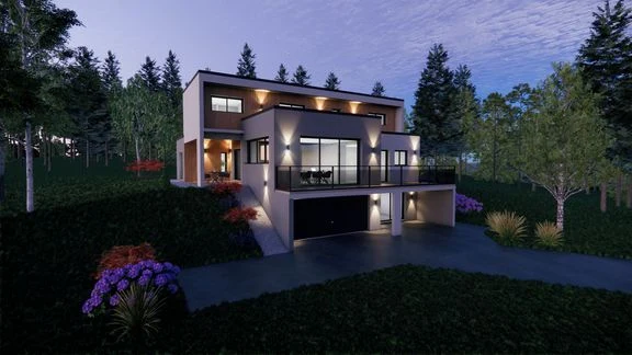 Vue extérieure d’une maison aux façades claires et sombres, avec jardin et terrasses