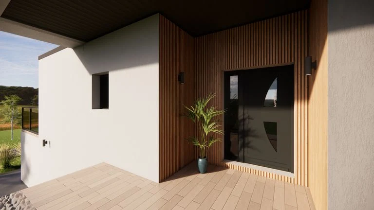 Vue extérieure d’une maison aux façades claires et sombres, avec jardin et terrasses