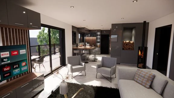 Espace de vie ouvert avec canapé, cuisine sombre et salle à manger