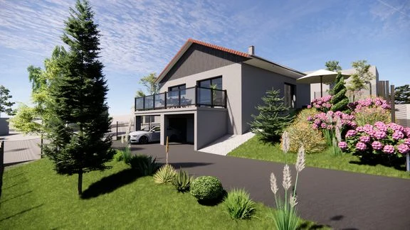 Maison à toiture en tuiles sur terrain en pente, avec balcon et jardin