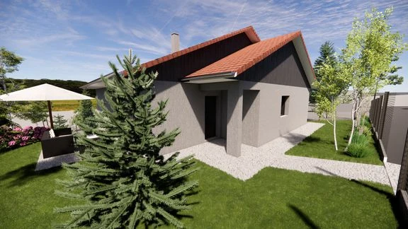 Maison à toiture en tuiles sur terrain en pente, avec balcon et jardin