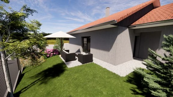 Maison à toiture en tuiles sur terrain en pente, avec balcon et jardin