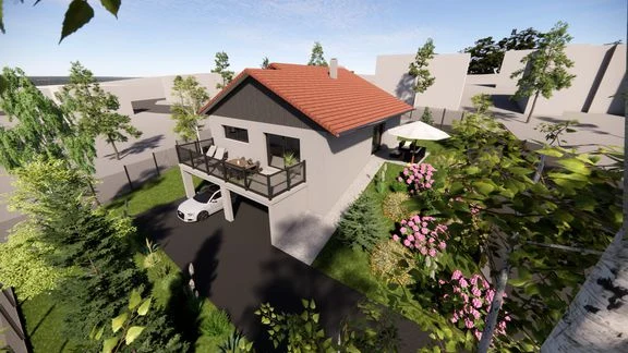 Maison à toiture en tuiles sur terrain en pente, avec balcon et jardin