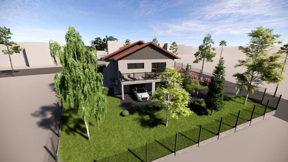 Maison à toiture en tuiles sur terrain en pente, avec balcon et jardin