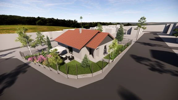 Maison à toiture en tuiles sur terrain en pente, avec balcon et jardin