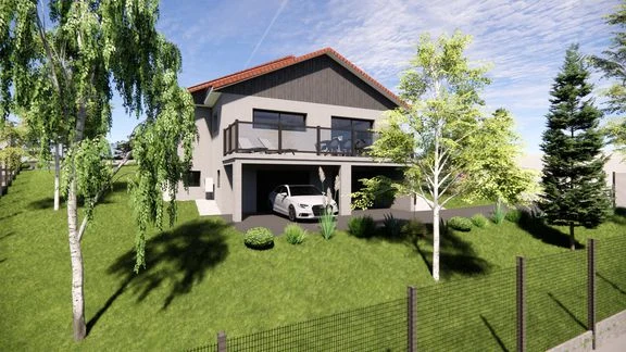 Maison à toiture en tuiles sur terrain en pente, avec balcon et jardin