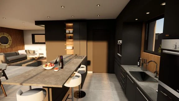 Vue d’un espace intérieur avec cuisine, salle à manger et salon ouverts