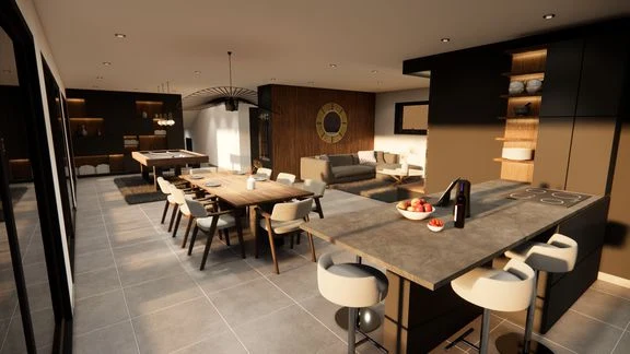 Vue d’un espace intérieur avec cuisine, salle à manger et salon ouverts