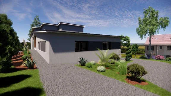 Vue d’une maison aux façades claires, avec toiture sombre, accès et terrasse