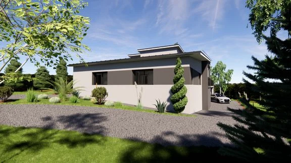Vue d’une maison aux façades claires, avec toiture sombre, accès et terrasse