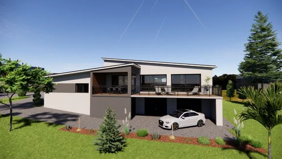 Vue d’une maison aux façades claires, avec toiture sombre, accès et terrasse