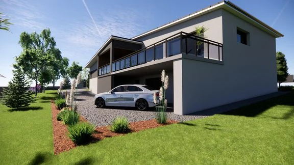 Vue d’une maison aux façades claires, avec toiture sombre, accès et terrasse