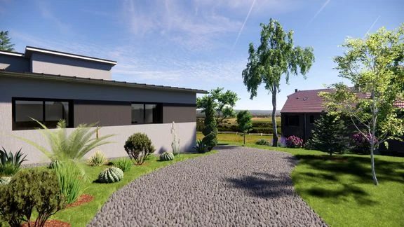 Vue d’une maison aux façades claires, avec toiture sombre, accès et terrasse