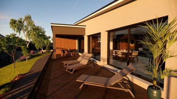 Vue d’une maison aux façades claires, avec toiture sombre, accès et terrasse