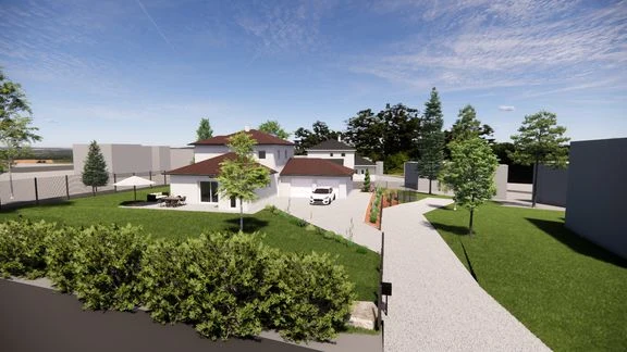 Maison à toiture en tuiles, garage et jardin, vue depuis ses abords