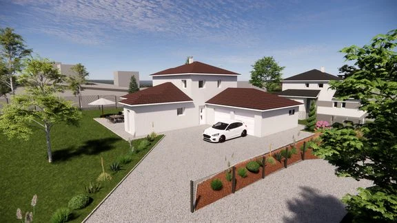 Maison à toiture en tuiles, garage et jardin, vue depuis ses abords
