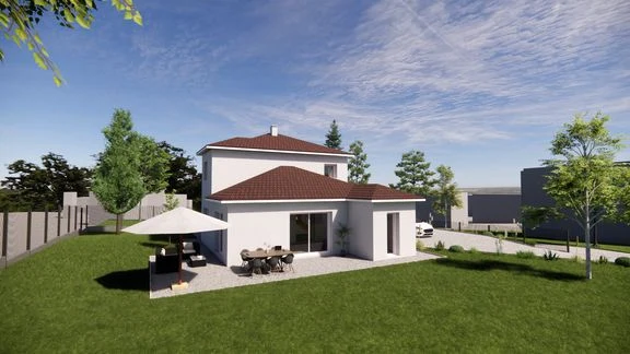 Maison à toiture en tuiles, garage et jardin, vue depuis ses abords