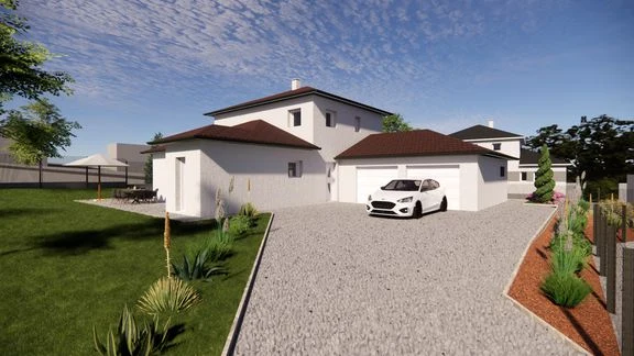 Maison à toiture en tuiles, garage et jardin, vue depuis ses abords