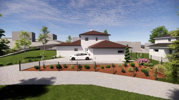 Maison à toiture en tuiles, garage et jardin, vue depuis ses abords