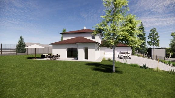 Maison à toiture en tuiles, garage et jardin, vue depuis ses abords