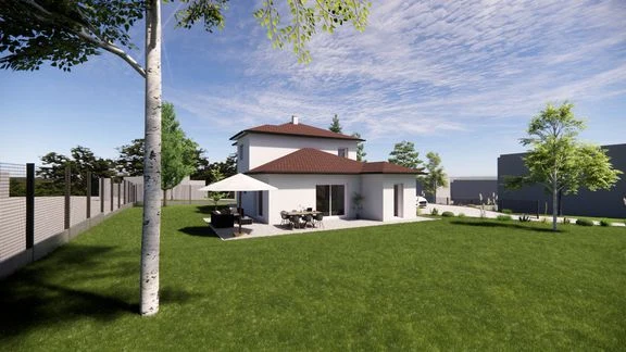 Maison à toiture en tuiles, garage et jardin, vue depuis ses abords