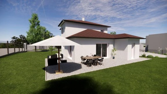 Maison à toiture en tuiles, garage et jardin, vue depuis ses abords