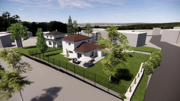 Maison à toiture en tuiles, garage et jardin, vue depuis ses abords