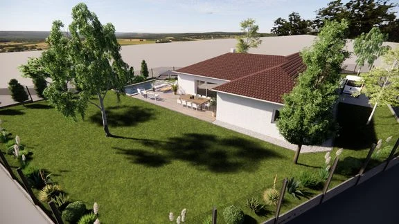 Variante de maison avec terrasse et jardin autour d’une piscine