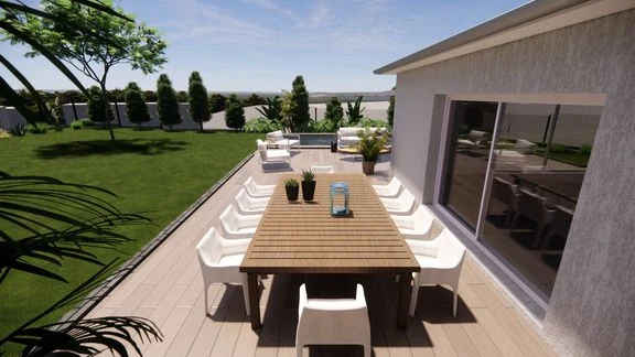 Variante de maison avec terrasse et jardin autour d’une piscine
