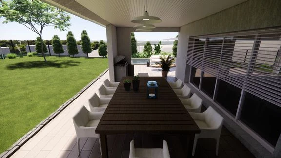 Variante de maison avec terrasse et jardin autour d’une piscine