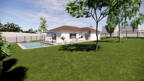 Variante de maison avec terrasse et jardin autour d’une piscine