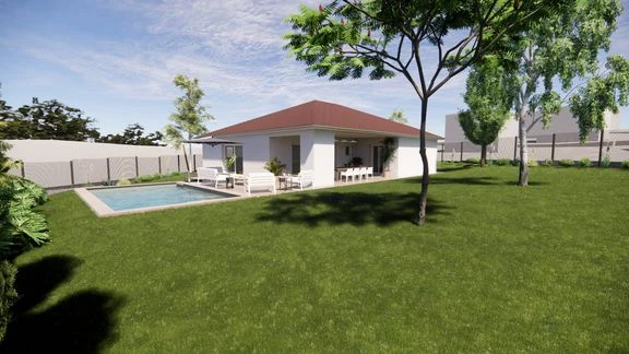 Variante de maison avec terrasse et jardin autour d’une piscine