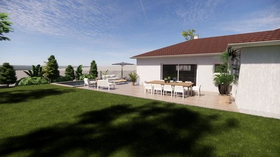 Variante de maison avec terrasse et jardin autour d’une piscine